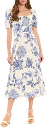 London Times Floral Puff Sleeve Empire Waist Sheath Midi Dress in Soft White/Slate Aqua at Nordstrom Rack, Size 10P