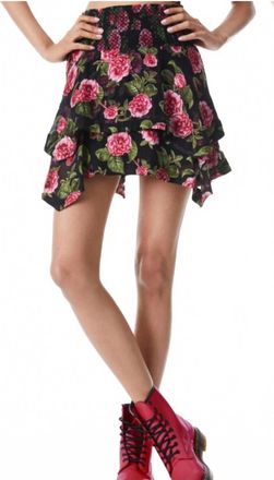 Alice & Olivia Zarya Asymmetrical Smocked Mini Skirt In Cheri Floral