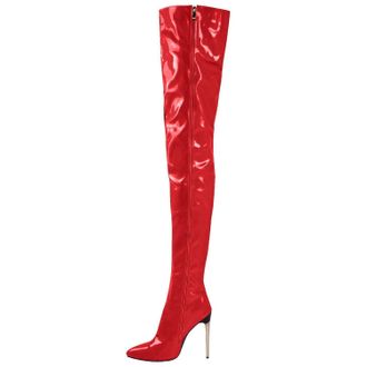 Generic Red,3.5 UK,Womens Side Zipper Thigh High Boots Patent Leather PU Over The Knee Boot Pointy Toe Stiletto Heels Comfy Party Dress Shoes