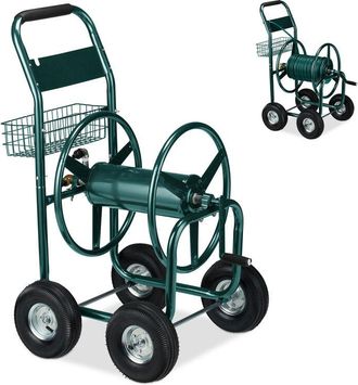 Relaxdays Carro Portamangueras, Hasta 90 M, Acoplamiento Por Clic, 4 Neum&aacute;ticos, Cesta, Soporte Mangueras Metal, Verde - Relaxdays