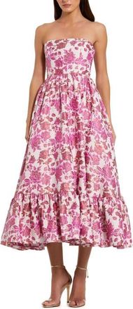 Mac Duggal Floral Brocade Strapless A Line Midi Dress in Pink Multi at Nordstrom, Size 14