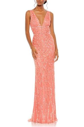 Mac Duggal Sequined Plunge Neck Sleeveless Column Gown in Coral at Nordstrom, Size 14
