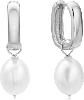 Lily & Roo Silver Thick Squared Hoop Pearl Drop Earrings