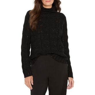 Nic+Zoe Sparkle Cable Stitch Cotton Blend Sweater in Black Onyx at Nordstrom Rack, Size X-Large