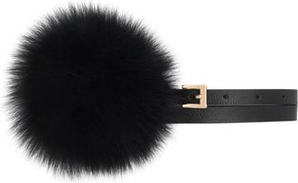 Kazar Smal Leren Riem met Bont Pompom - Dames - Riemen - Zwart - 80 CM - Leer - Accessoires