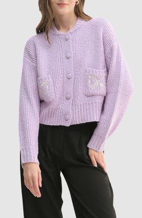 Lush Bow Embroidered Boucl&eacute; Cardigan in Lilac at Nordstrom Rack, Size Medium