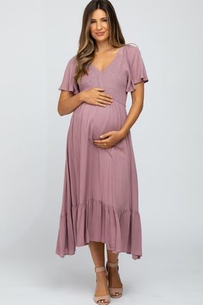 Pinkblush Smocked V-Neck Midi Dress in Mauve at Nordstrom, Size Medium