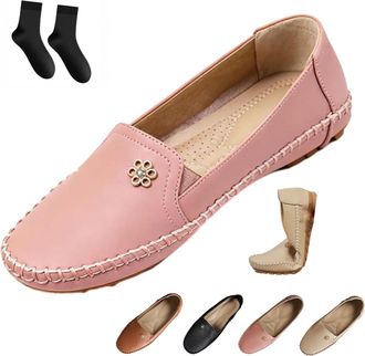 Generic Orthopedic Leather Shoes, Lightweight, Anti-Slip, Breathable for Women Fashion Slip On Stitched Flat-Soled Casual Soft Leather Loafers with Flower (Pi