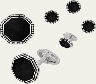 Jan Leslie Beaded Octagonal Onyx Cufflinks Studs Set