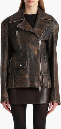 Khaite Catalina Distressed Suede Moto Jacket in Black /Natural at Nordstrom, Size Medium