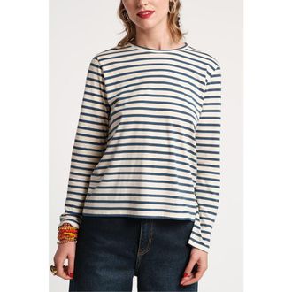 Frances Valentine Long Sleeve Striped Tee Shirt Stripe 100% Pima Cotton in Oyster/navy at Nordstrom, Size Medium