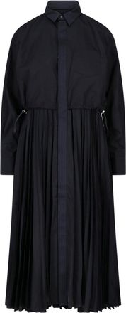 sacai Pleated Black Midi Dress with Classic Collar