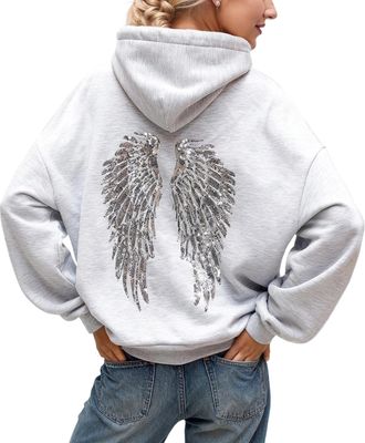 Generic Womens Y2K Sequin Angel Wings Hoodies Oversized Long Sleeve Jumpers Retro Futuristic Ladies Sweatshirt with Baggy Fit