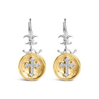 House of Brilliance 18K Yellow Gold Plated Silver 1/8 Ct Diamond Medallion Cross Dangle Earrings at Nordstrom