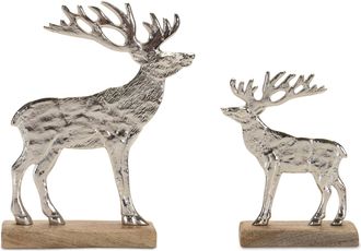 Melrose International Metal Deer Silhouette with Wood Base (Set of 2) - Silver, Brown