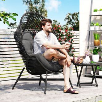 OUTSUNNY Standing Rattan Garden Egg Chair with Headrest, Charcoal Grey in Dark Grey