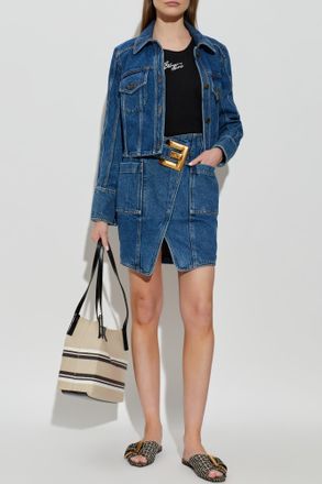 Balmain Denim Skirt With Pockets, Womens, Navy Blue