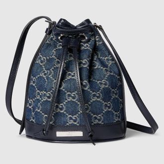 Gucci Mini Bucket Bag With Gucci Plaque, Blue, Fabric