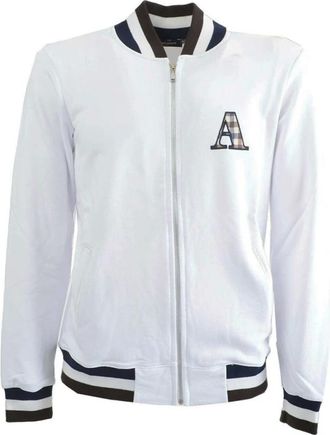 Aquascutum Witte lange mouw rits trui - Heren - Vesten met rits - Wit - 2XL - Katoen - Hoodies & sweatvesten