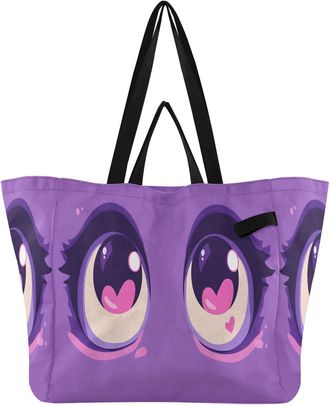 Generic Purple Eye pattern Reusable Canvas Tote Bag, Heavy Duty Grocery Shopping Bag with Double Handles Large Capacity Hard Bottom Work Groceries Travel