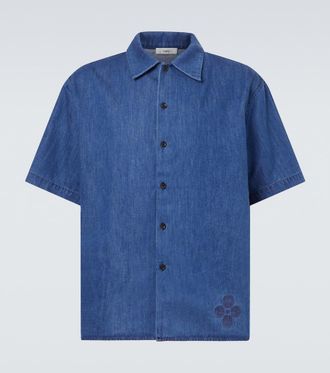Commas Embroidered oversized cotton-blend denim bowling shirt