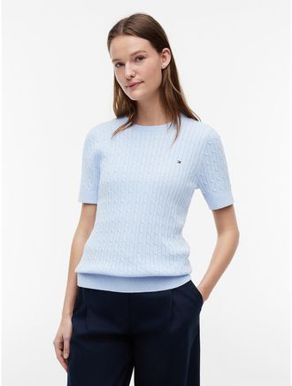 Tommy Hilfiger Womens Short-Sleeve Cable Knit Sweater - Blue - XXL