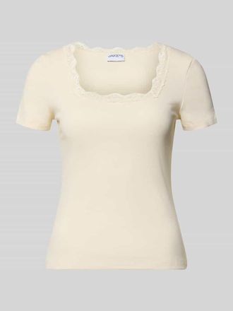 Jake*s Casual T-Shirt in Ripp-Optik mit Spitzenbesatz in Beige, Gr&ouml;&szlig;e XXL