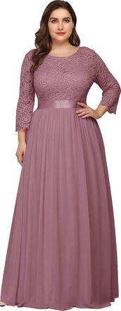 Ever-pretty Womens A Line 3/4 Sleeves Round Neck Lace Floor Length Elegant Plus Size Formal Dresses Orchid 26UK