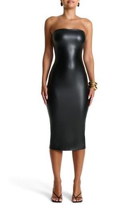Naked Wardrobe Strapless Faux Leather Body-Con Midi Dress in Black at Nordstrom Rack, Size Large