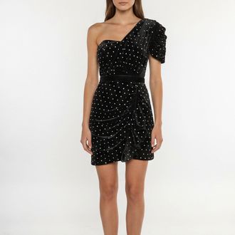 Self Portrait Black Embellished Velvet One Shoulder Mini Dress