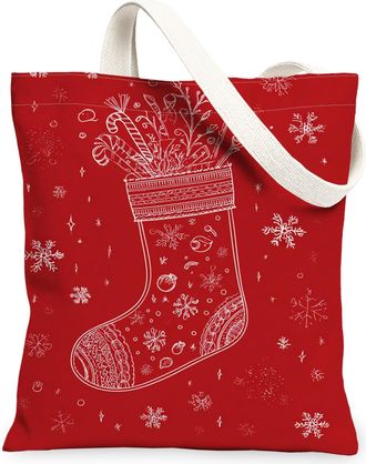 Generic Christmas Stocking Canvas Tote Bags, Festive Design Reusable Bags, Winter Vintage Lightweight Washable Shoulder Strap, Red, 13x15 Inch
