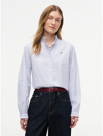 Tommy Hilfiger Womens Ruffle Trim Cropped Oxford Shirt - Seldom Blue - XL