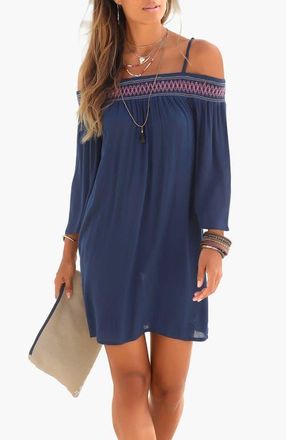 Lascana Womens Embroidered Cold Shoulder Dress in Navy at Nordstrom, Size 12