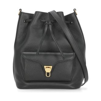 Coccinelle Bucket Bags, female, Black, Size: ONE SIZE Black Leather Shoulder Bag Drawstring Flap
