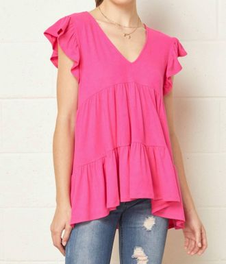 Entro Tiered Ruffle Babydoll Top In Hot Pink