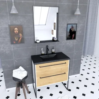 Aurlane Aurlane - Mueble Ba&ntilde;o 80x50 + 2 Cajones Roble + Lavabo Negro Piedra + Espejo Negro