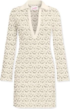 MC2 Saint Barth Korte Gehaakte Gebreide Jurk - Dames - Kleedjes - Beige - M - Pailletten - Kleedjes