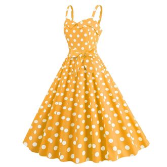 Generic Womens 1950s Rockabilly Halter Swing Dress - Vintage Polka Dot Retro Floral Evening Cocktail Party Wear(Yellow, L)