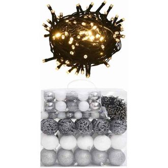 vidaXL Set De Bolas De Navidad 120 Pzas Con Pico 300 Led Blanco Y Gris Vidaxl