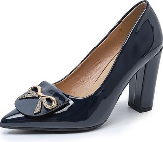 Generic Womens Rhinestones Bowknot Dress Shoes High Block Heels Closed Pointed Toe Wedding Office Party Pumps Slip On (7.5,Blue)