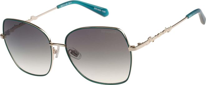 Sonnenbrille SUPERDRY Modell 995062, Damen, gold, t&uuml;rkis, metallic, Sonnenbrillen Sonnenbrille, Form Butterfly, Logoschriftzug auf B&uuml;gel, Metallfassun