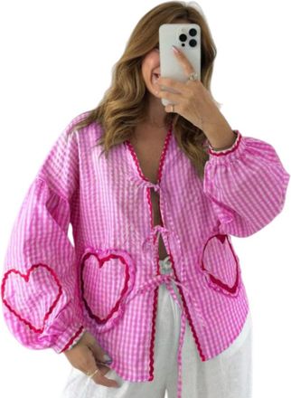 Generic Womens Gingham Babydoll Blouse Bow Tie Front Shirt Y2k Puff Sleeve Coquette Trendy Tops Cute Going Out Heart Tops (Bright Pink,L)