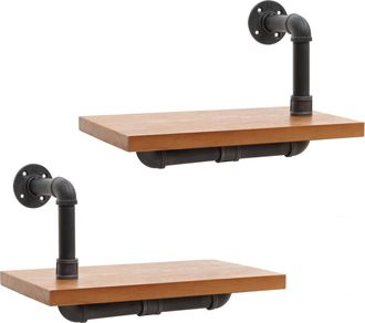 Hhg [nunca Usado] Juego De 2 Estanter&iacute;as De Pared Hhg-077, Estanter&iacute;a Colgante Estanter&iacute;a Librer&iacute;a, Estructura 3d Acero Industrial Madera Maciza 29x45x25c