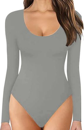 Generic Nighties for Women Womens Crew Neck Long Sleeve Bodysuit Comfortable Against The Skin Tops Body Suits Women Clothing (Grey, S)