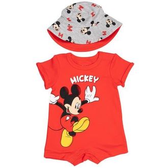 Disney Mickey Mouse 2-Piece Romper and Bucket Hat Set in Mickey Crimson Red at Nordstrom, Size Newborn