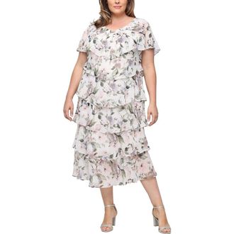 S.L. Fashions Tiered Floral Shimmer Midi Dress in Taupe Multi at Nordstrom, Size 14W