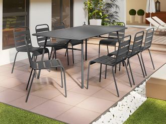 Vente-Unique Sala da pranzo da giardino in metallo - un tavolo L.200 cm e 8 sedie impilabili - Grigio scuro - MIRMANDE di MYLIA