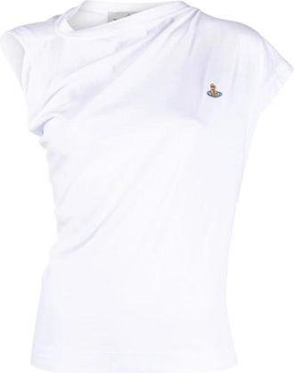 Vivienne Westwood Geborduurd Logo Boothals T-shirt - Dames - T-shirts - Wit - XS - Katoen - Tops