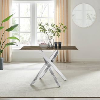 Furniturebox Leonardo 4-Seater Dining Table With Marble Effect Glass Top & Silver Metal Legs in Dark Brown