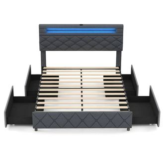 Costway Costway Double Size Bed Frame w/ Led Lights & Charging Station-Grey in Grey